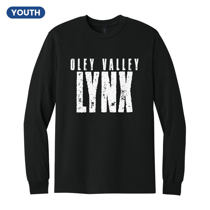 Oley Valley Lynx Distressed Block youth long sleeve t-shirt in Black: OLEY VALLEY over tall, distressed LYNX lettering