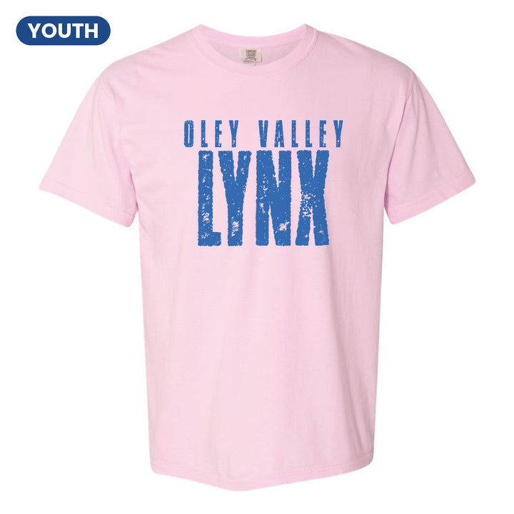 Oley Valley Lynx Distressed Block youth comfort colors t-shirt in Blossom: OLEY VALLEY over tall, distressed LYNX lettering