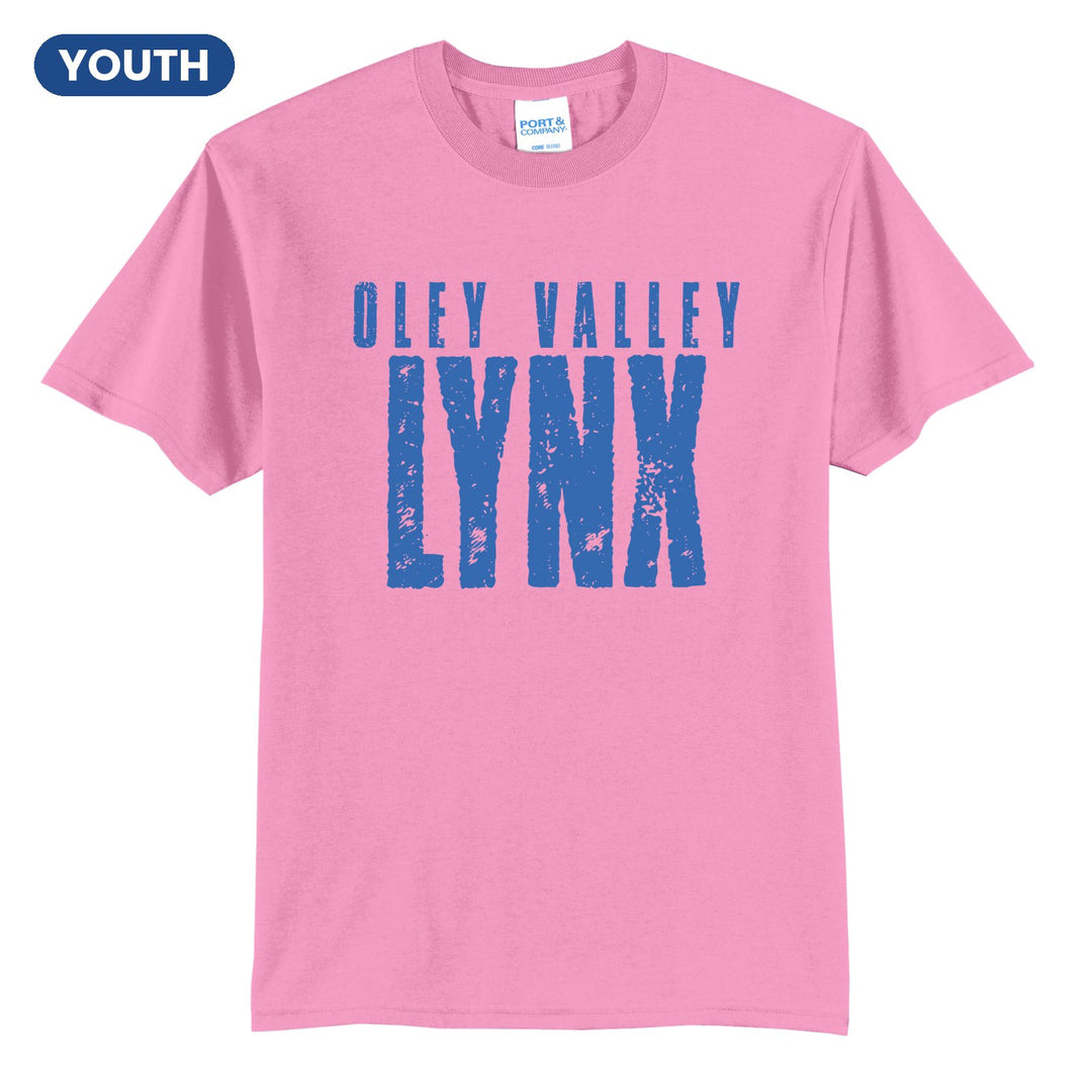 Oley Valley Lynx Distressed Block youth t-shirt in Candy Pink: OLEY VALLEY over tall, distressed LYNX lettering