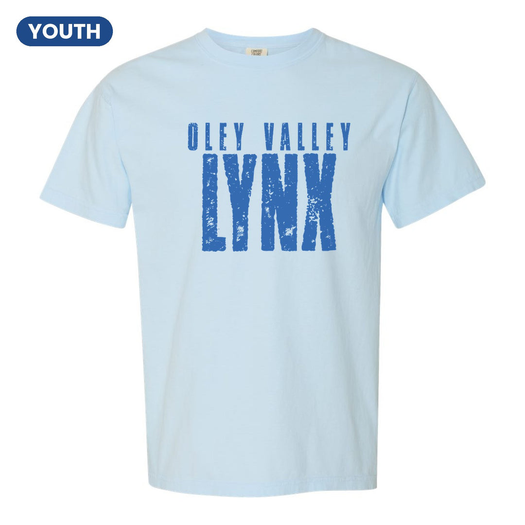 Oley Valley Lynx Distressed Block youth comfort colors t-shirt in Chambray: OLEY VALLEY over tall, distressed LYNX lettering