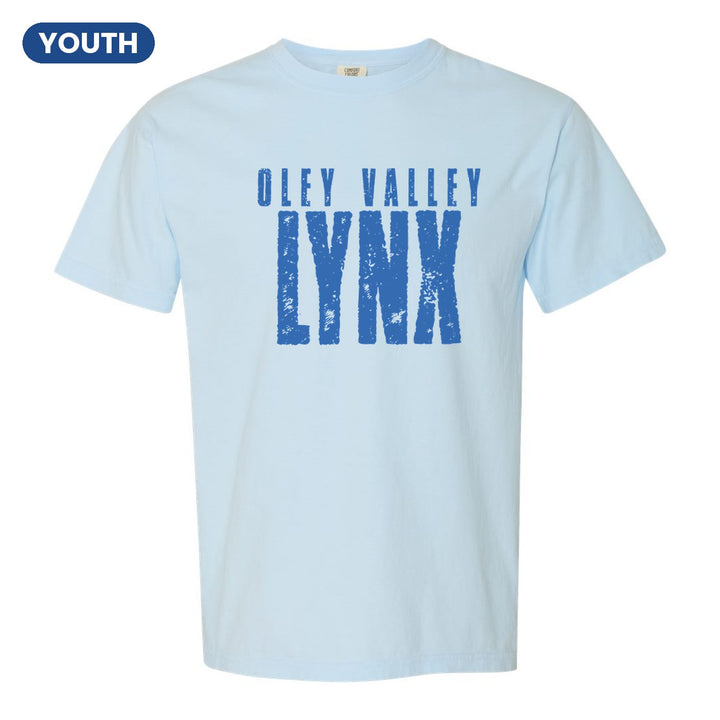 Oley Valley Lynx Distressed Block youth comfort colors t-shirt in Chambray: OLEY VALLEY over tall, distressed LYNX lettering