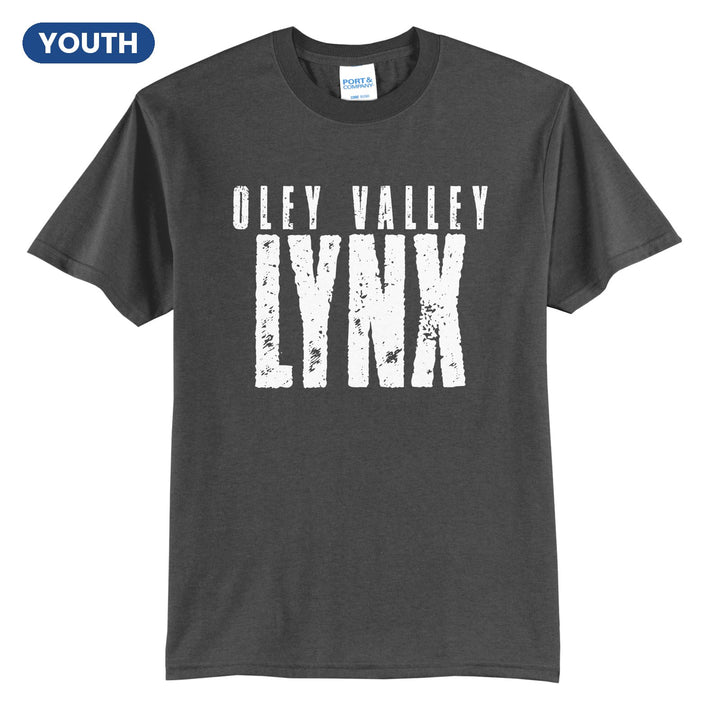 Oley Valley Lynx Distressed Block youth t-shirt in Charcoal: OLEY VALLEY over tall, distressed LYNX lettering