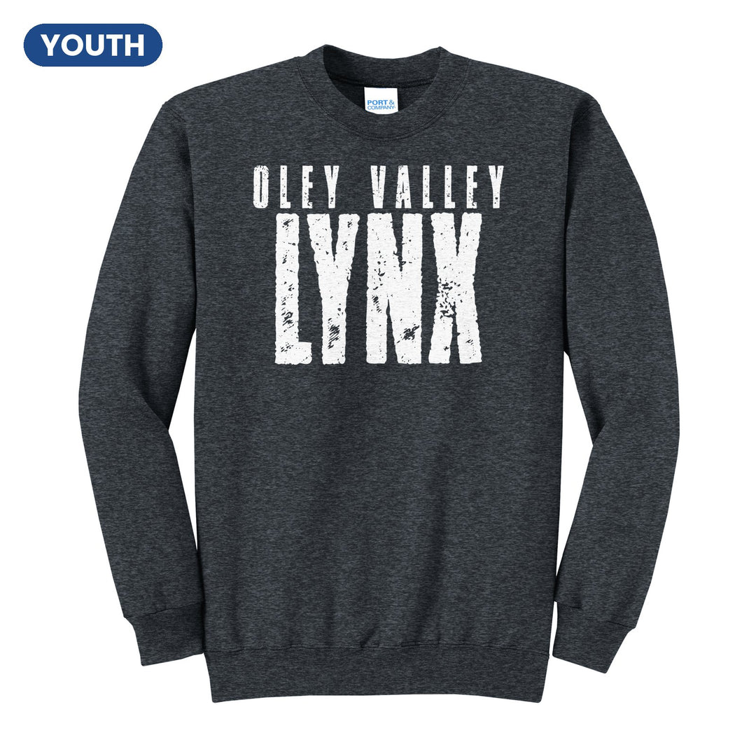 Oley Valley Lynx Distressed Block youth crewneck sweatshirt in Dark Heather Grey: OLEY VALLEY over tall, distressed LYNX lettering
