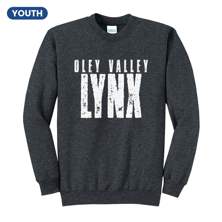 Oley Valley Lynx Distressed Block youth crewneck sweatshirt in Dark Heather Grey: OLEY VALLEY over tall, distressed LYNX lettering