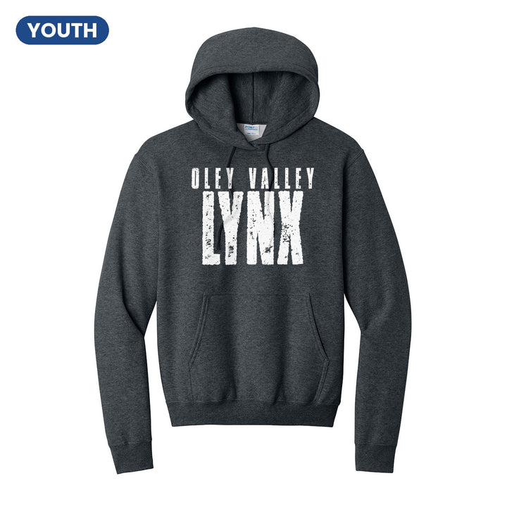 Oley Valley Lynx Distressed Block youth hoodie in Dark Heather Grey: OLEY VALLEY over tall, distressed LYNX lettering