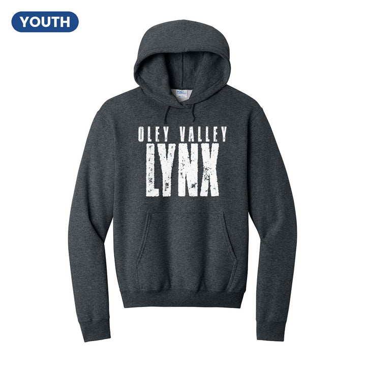 Oley Valley Lynx Distressed Block youth hoodie in Dark Heather Grey: OLEY VALLEY over tall, distressed LYNX lettering
