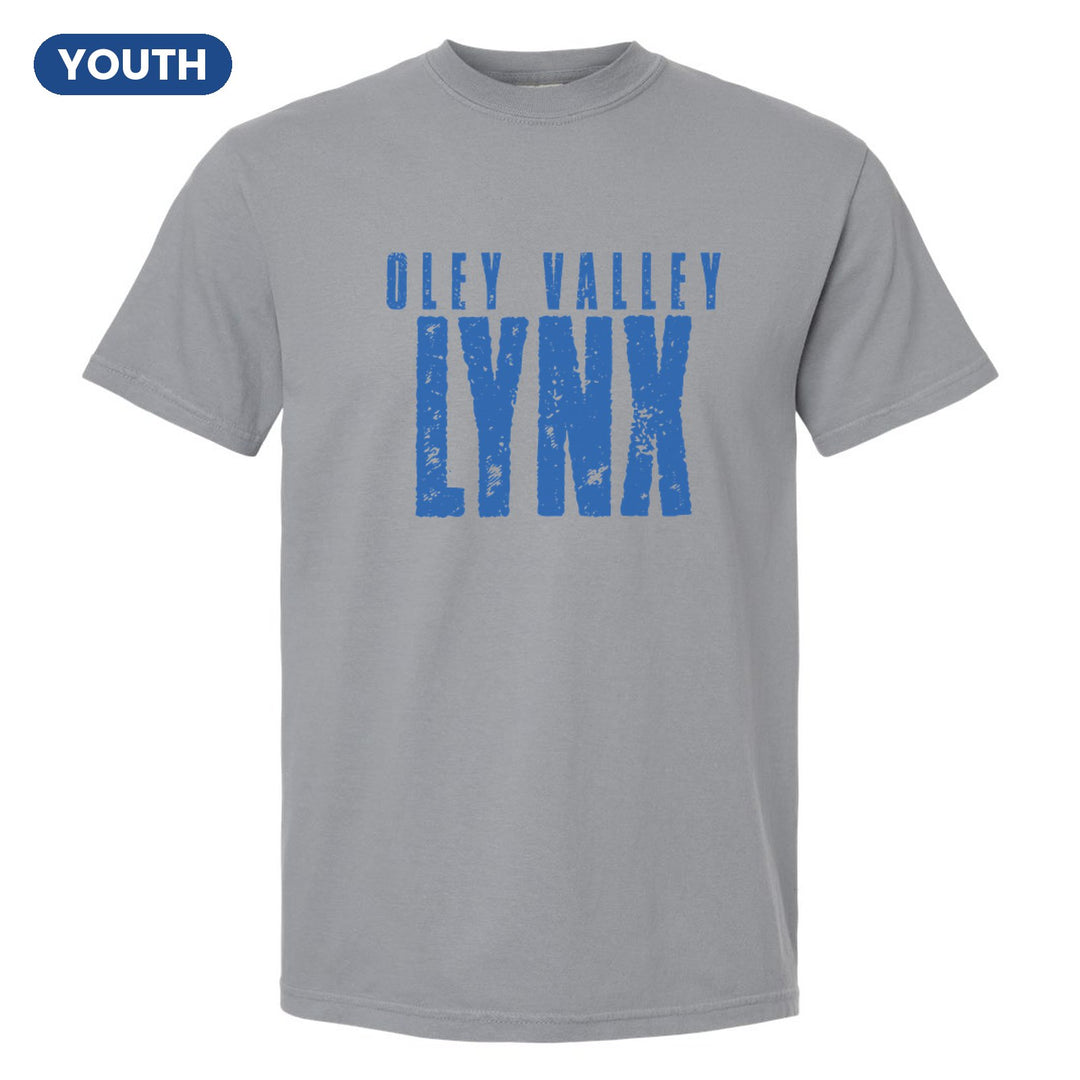 Oley Valley Lynx Distressed Block youth comfort colors t-shirt in Granite: OLEY VALLEY over tall, distressed LYNX lettering