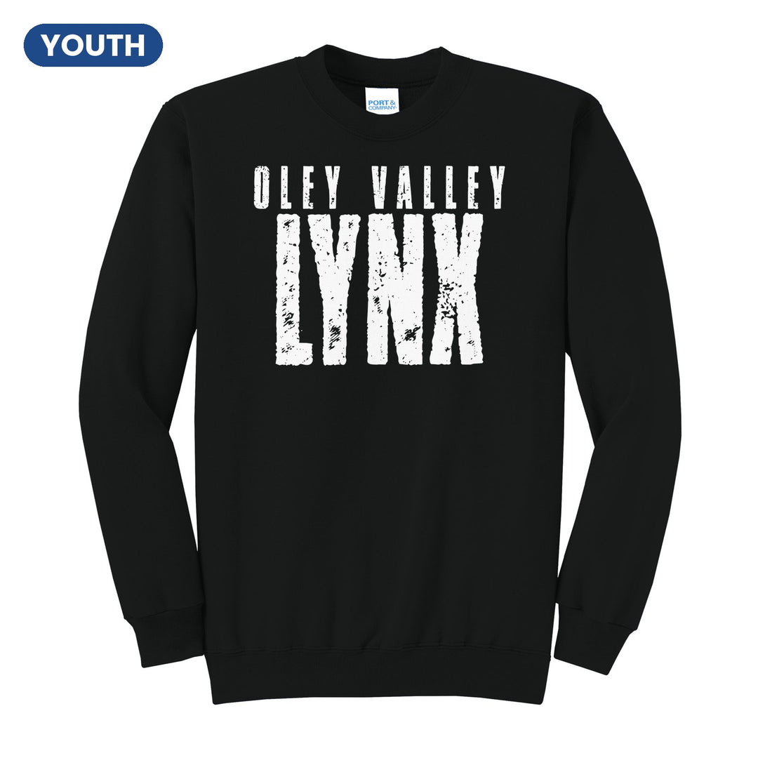 Oley Valley Lynx Distressed Block youth crewneck sweatshirt in Jet Black: OLEY VALLEY over tall, distressed LYNX lettering