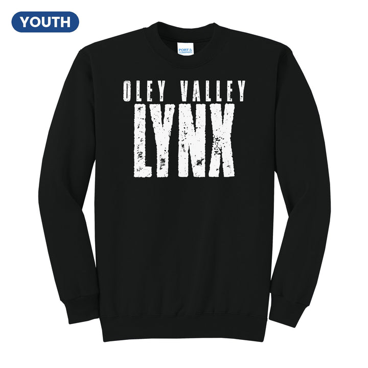 Oley Valley Lynx Distressed Block youth crewneck sweatshirt in Jet Black: OLEY VALLEY over tall, distressed LYNX lettering