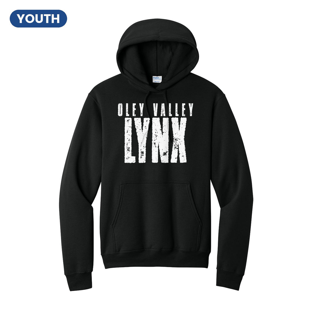 Oley Valley Lynx Distressed Block youth hoodie in Jet Black: OLEY VALLEY over tall, distressed LYNX lettering