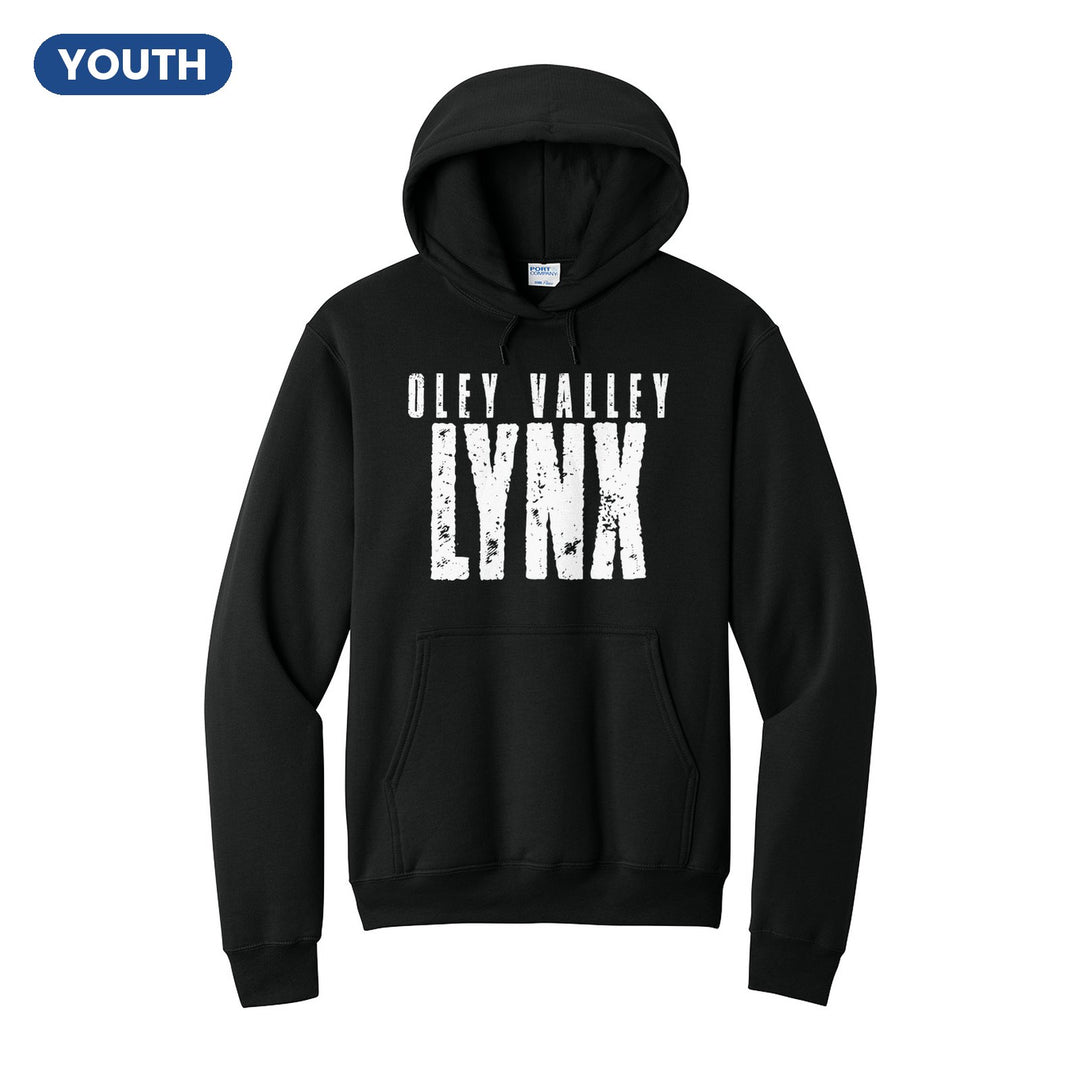 Oley Valley Lynx Distressed Block youth hoodie in Jet Black: OLEY VALLEY over tall, distressed LYNX lettering