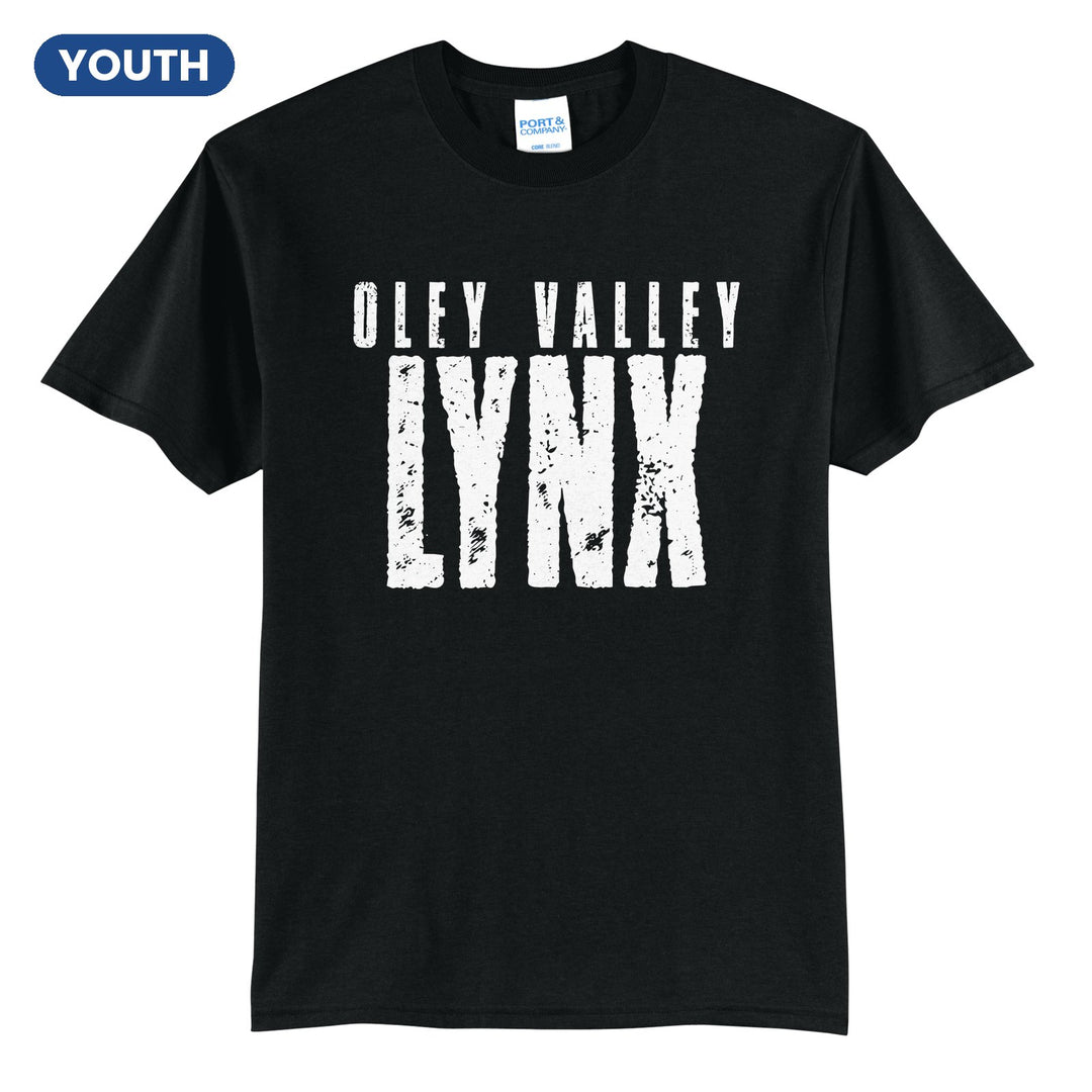 Oley Valley Lynx Distressed Block youth t-shirt in Jet Black: OLEY VALLEY over tall, distressed LYNX lettering