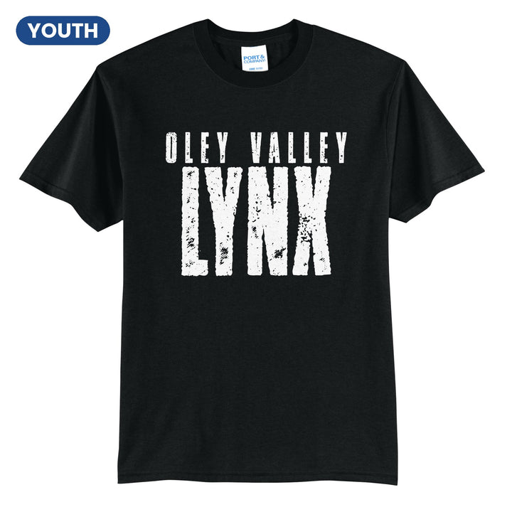 Oley Valley Lynx Distressed Block youth t-shirt in Jet Black: OLEY VALLEY over tall, distressed LYNX lettering