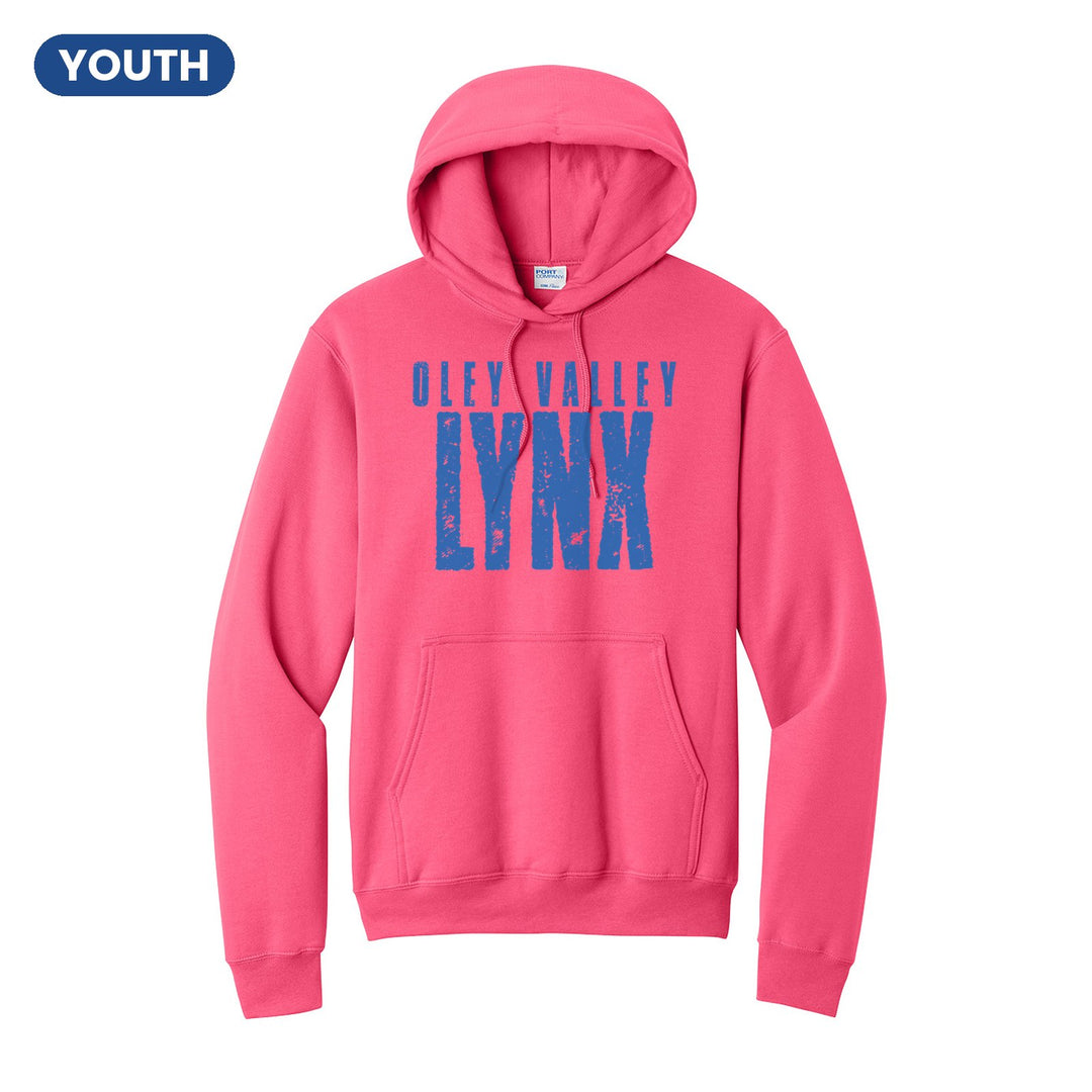 Oley Valley Lynx Distressed Block youth hoodie in Neon Pink: OLEY VALLEY over tall, distressed LYNX lettering