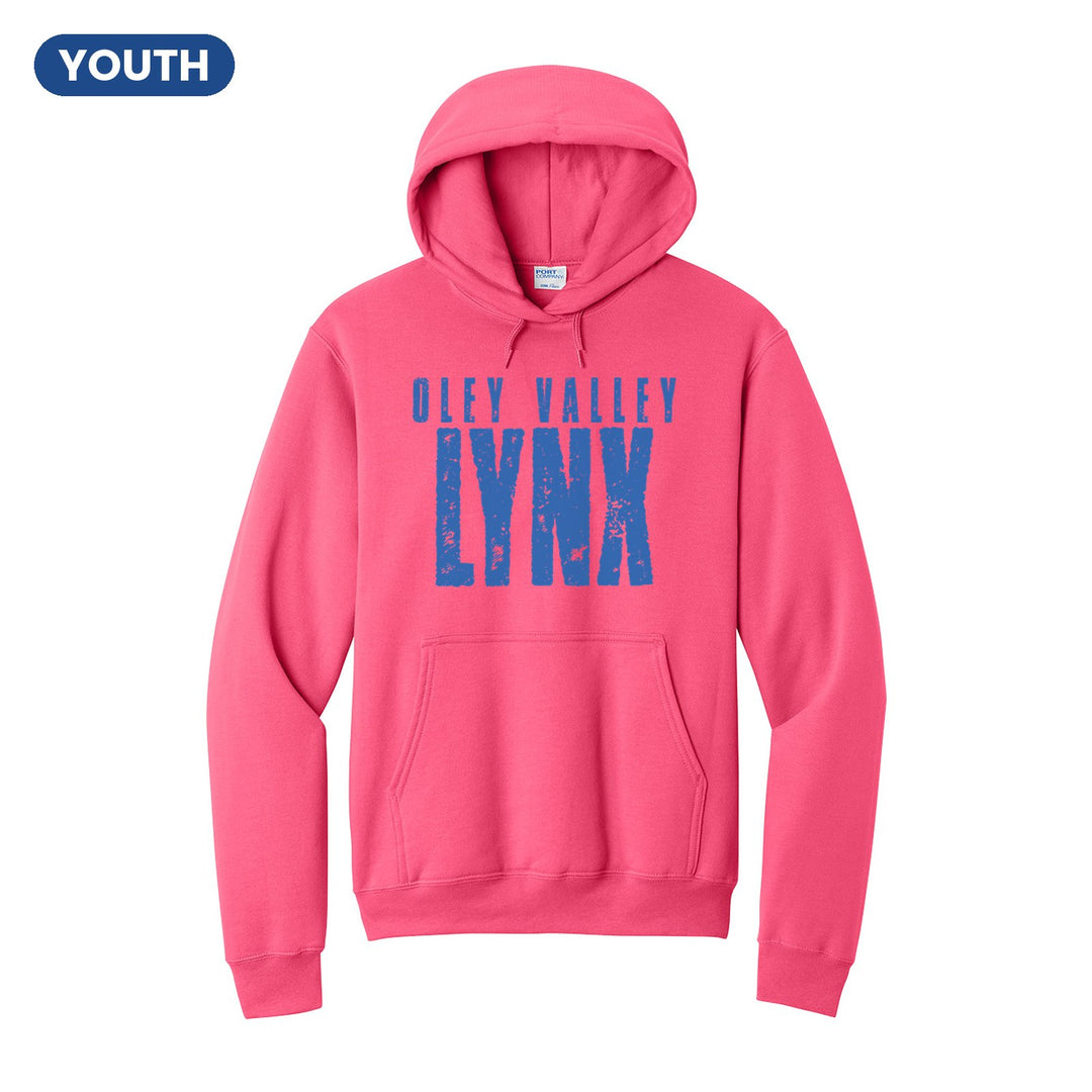Oley Valley Lynx Distressed Block youth hoodie in Neon Pink: OLEY VALLEY over tall, distressed LYNX lettering