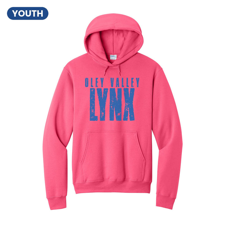 Oley Valley Lynx Distressed Block youth hoodie in Neon Pink: OLEY VALLEY over tall, distressed LYNX lettering