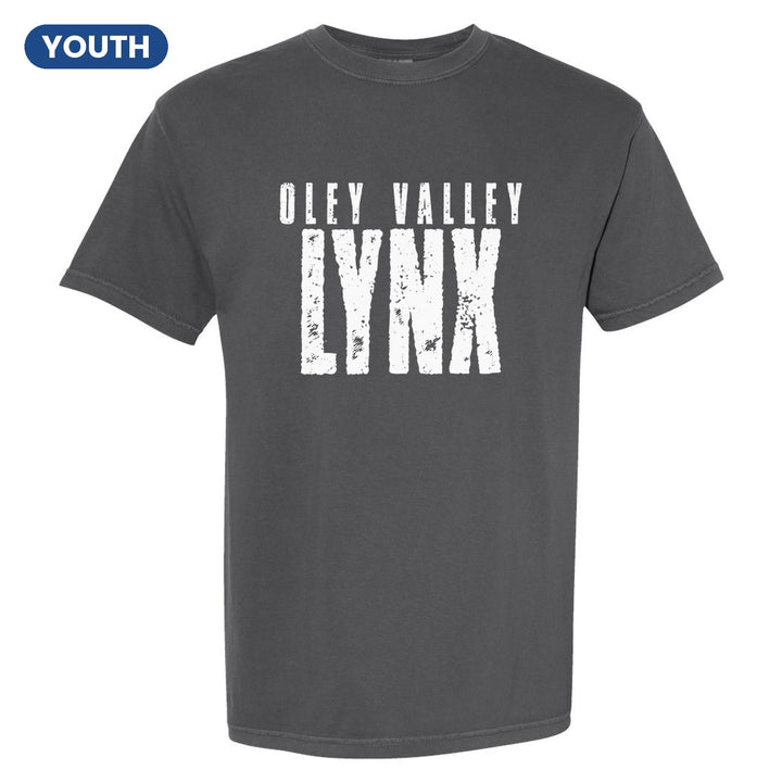 Oley Valley Lynx Distressed Block youth comfort colors t-shirt in Pepper: OLEY VALLEY over tall, distressed LYNX lettering