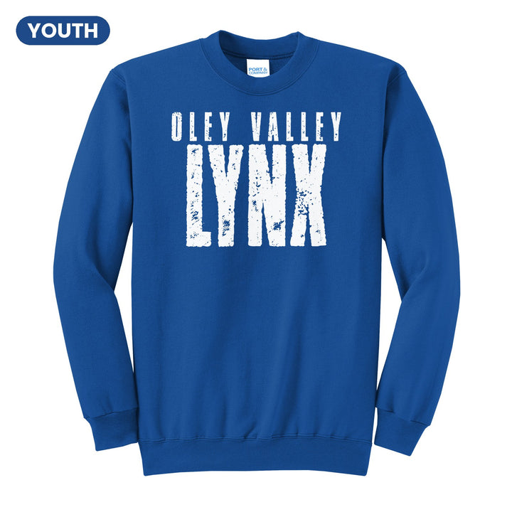 Oley Valley Lynx Distressed Block youth crewneck sweatshirt in Royal: OLEY VALLEY over tall, distressed LYNX lettering