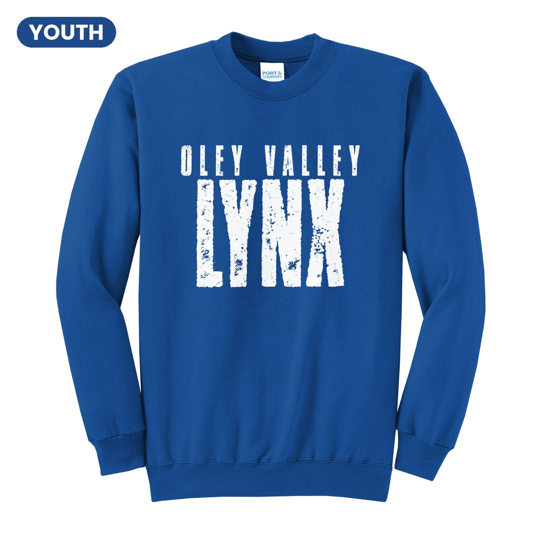 Oley Valley Lynx Distressed Block youth crewneck sweatshirt in Royal: OLEY VALLEY over tall, distressed LYNX lettering