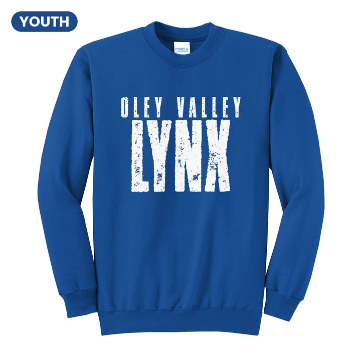 Oley Valley Lynx Distressed Block youth crewneck sweatshirt in Royal: OLEY VALLEY over tall, distressed LYNX lettering