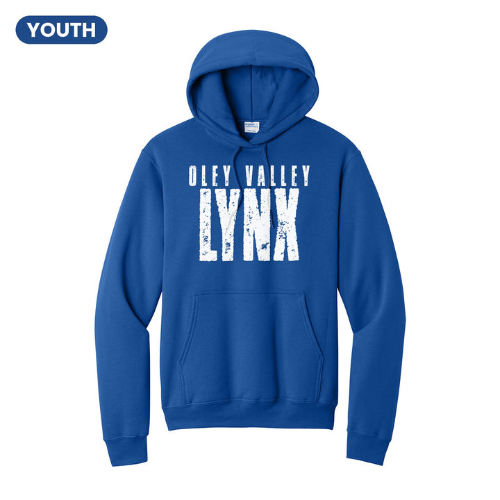 Oley Valley Lynx Distressed Block youth hoodie in Royal: OLEY VALLEY over tall, distressed LYNX lettering