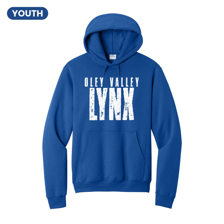 Oley Valley Lynx Distressed Block youth hoodie in Royal: OLEY VALLEY over tall, distressed LYNX lettering
