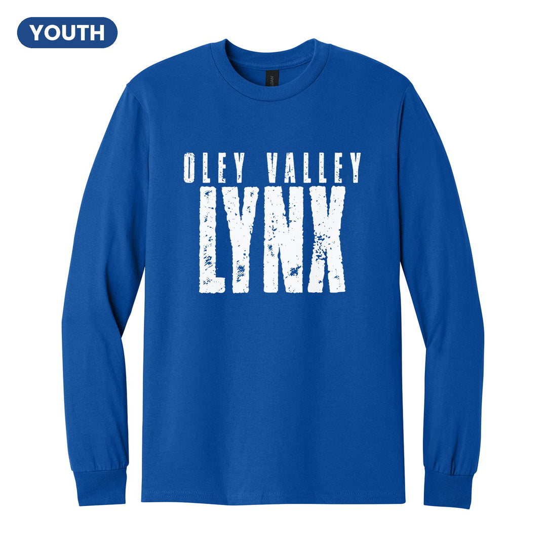 Oley Valley Lynx Distressed Block youth long sleeve t-shirt in Royal: OLEY VALLEY over tall, distressed LYNX lettering