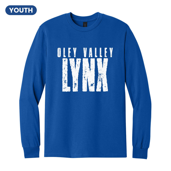 Oley Valley Lynx Distressed Block youth long sleeve t-shirt in Royal: OLEY VALLEY over tall, distressed LYNX lettering