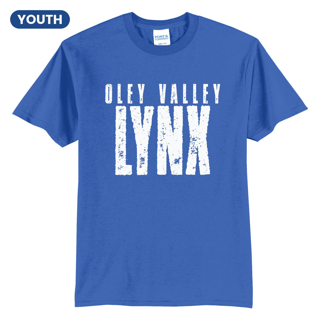 Oley Valley Lynx Distressed Block youth t-shirt in Royal: OLEY VALLEY over tall, distressed LYNX lettering