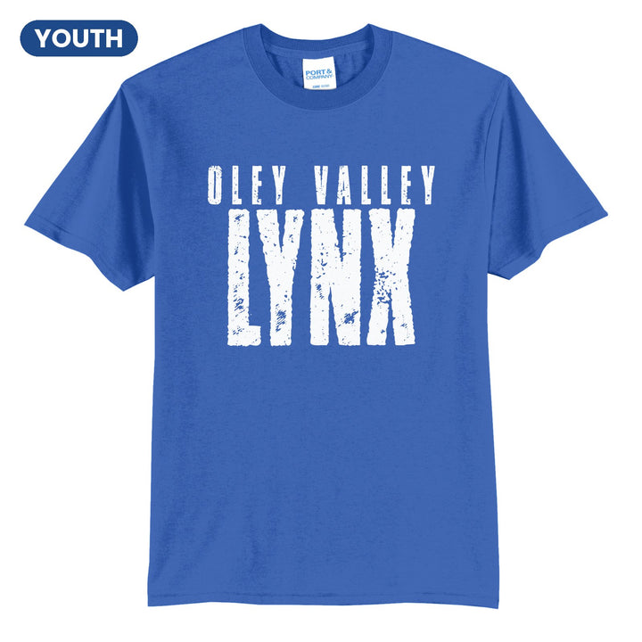 Oley Valley Lynx Distressed Block youth t-shirt in Royal: OLEY VALLEY over tall, distressed LYNX lettering