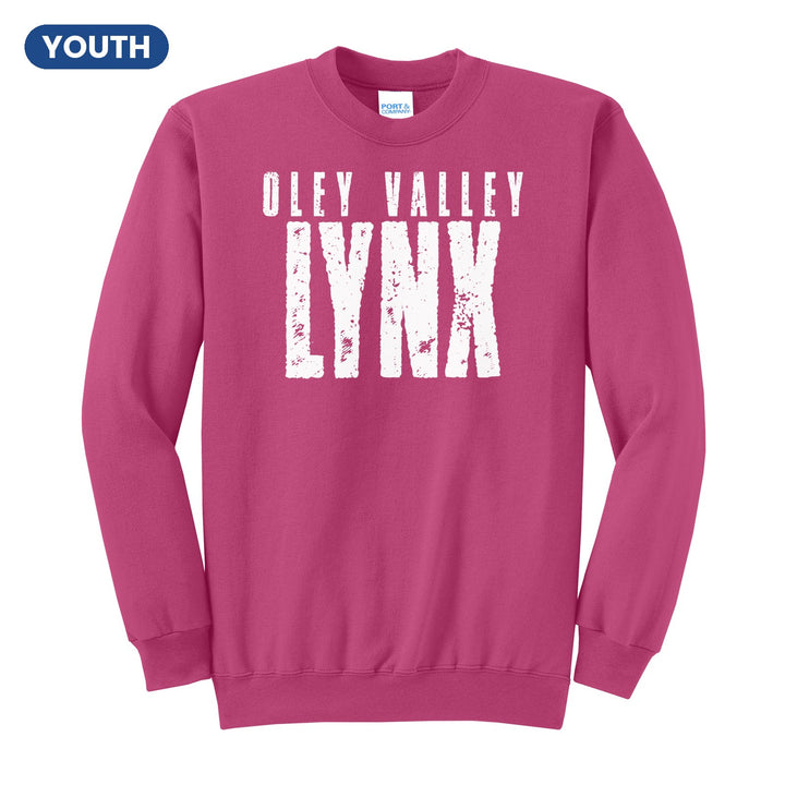 Oley Valley Lynx Distressed Block youth crewneck sweatshirt in Sangria: OLEY VALLEY over tall, distressed LYNX lettering