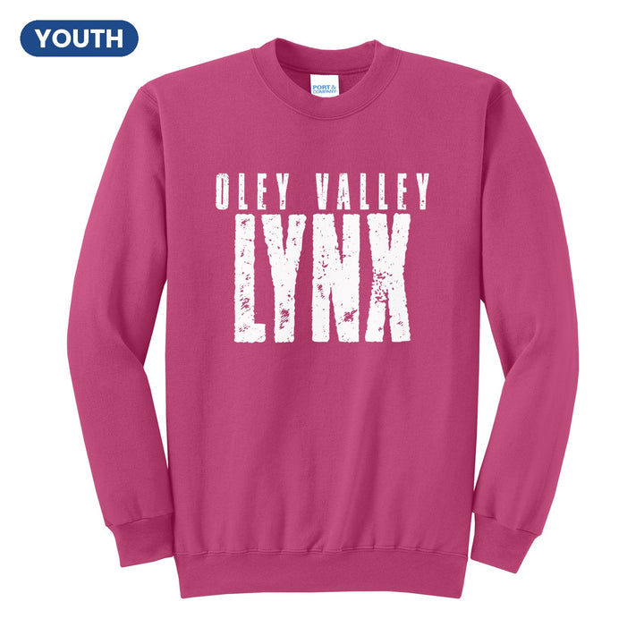 Oley Valley Lynx Distressed Block youth crewneck sweatshirt in Sangria: OLEY VALLEY over tall, distressed LYNX lettering
