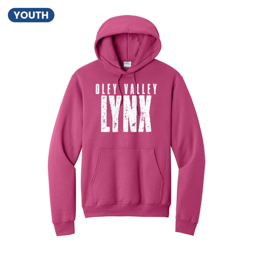 Oley Valley Lynx Distressed Block youth hoodie in Sangria: OLEY VALLEY over tall, distressed LYNX lettering