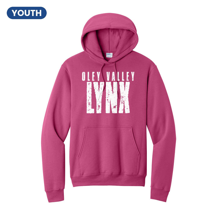 Oley Valley Lynx Distressed Block youth hoodie in Sangria: OLEY VALLEY over tall, distressed LYNX lettering