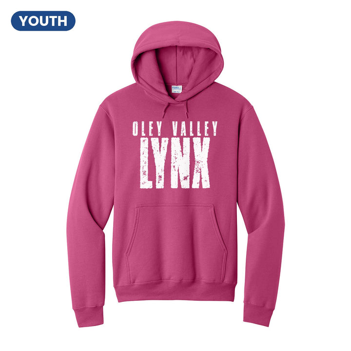Oley Valley Lynx Distressed Block youth hoodie in Sangria: OLEY VALLEY over tall, distressed LYNX lettering