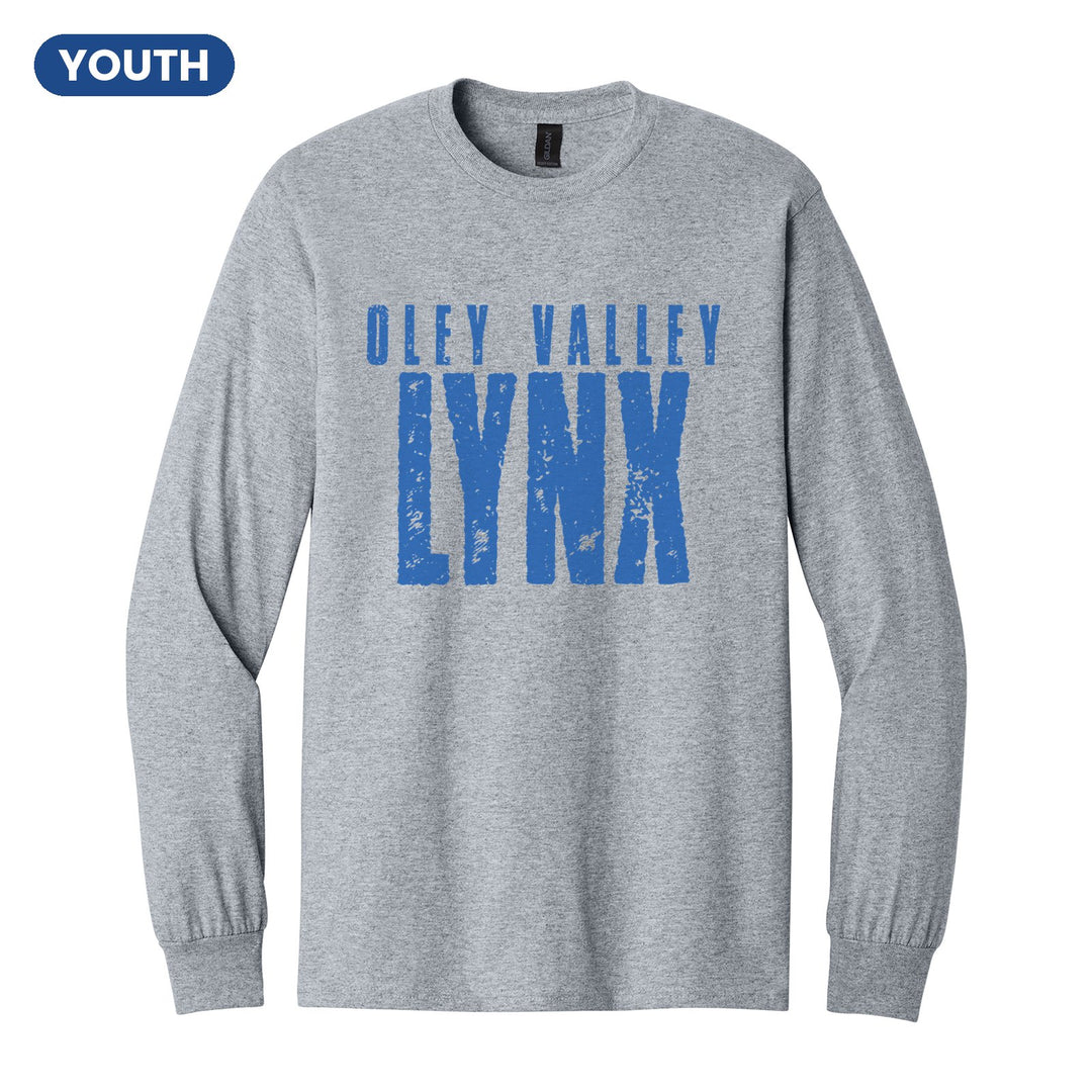 Oley Valley Lynx Distressed Block youth long sleeve t-shirt in Sport Grey: OLEY VALLEY over tall, distressed LYNX lettering