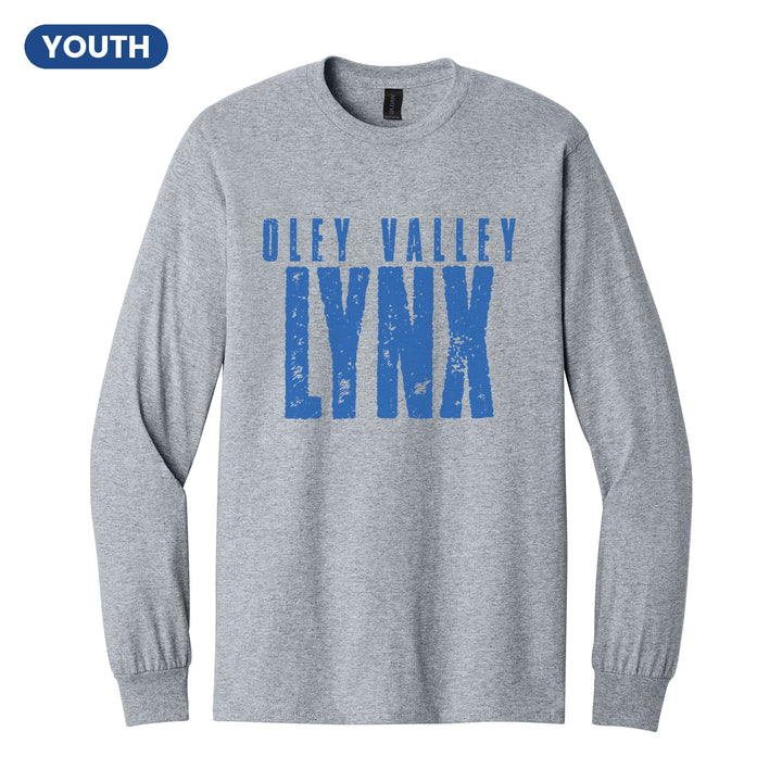 Oley Valley Lynx Distressed Block youth long sleeve t-shirt in Sport Grey: OLEY VALLEY over tall, distressed LYNX lettering