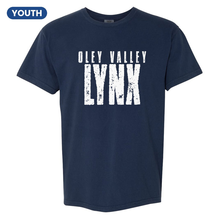 Oley Valley Lynx Distressed Block youth comfort colors t-shirt in True Navy: OLEY VALLEY over tall, distressed LYNX lettering
