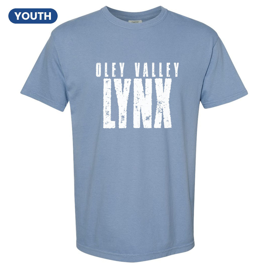 Oley Valley Lynx Distressed Block youth comfort colors t-shirt in Washed Denim: OLEY VALLEY over tall, distressed LYNX lettering
