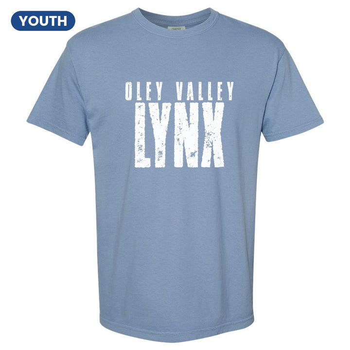 Oley Valley Lynx Distressed Block youth comfort colors t-shirt in Washed Denim: OLEY VALLEY over tall, distressed LYNX lettering