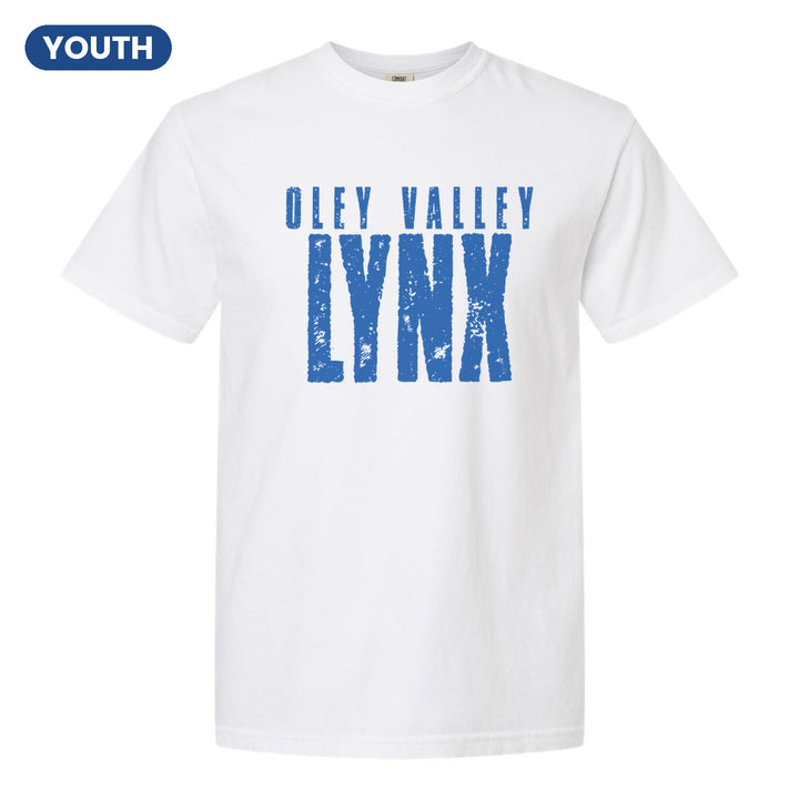Oley Valley Lynx Distressed Block youth comfort colors t-shirt in White: OLEY VALLEY over tall, distressed LYNX lettering