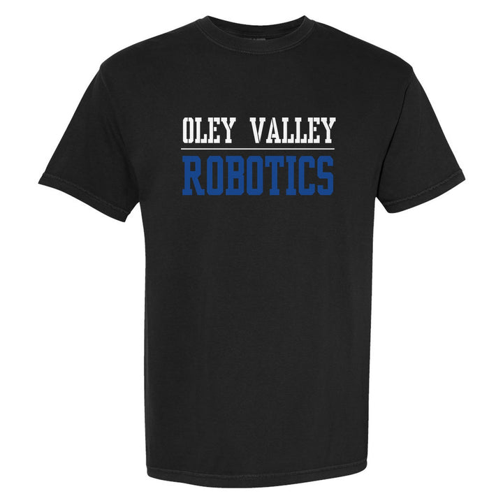 Oley Valley Lynx Sport or Activity comfort colors t-shirt in Black: OLEY VALLEY over a thin rule and ROBOTICS (your sport or activity) in block letters