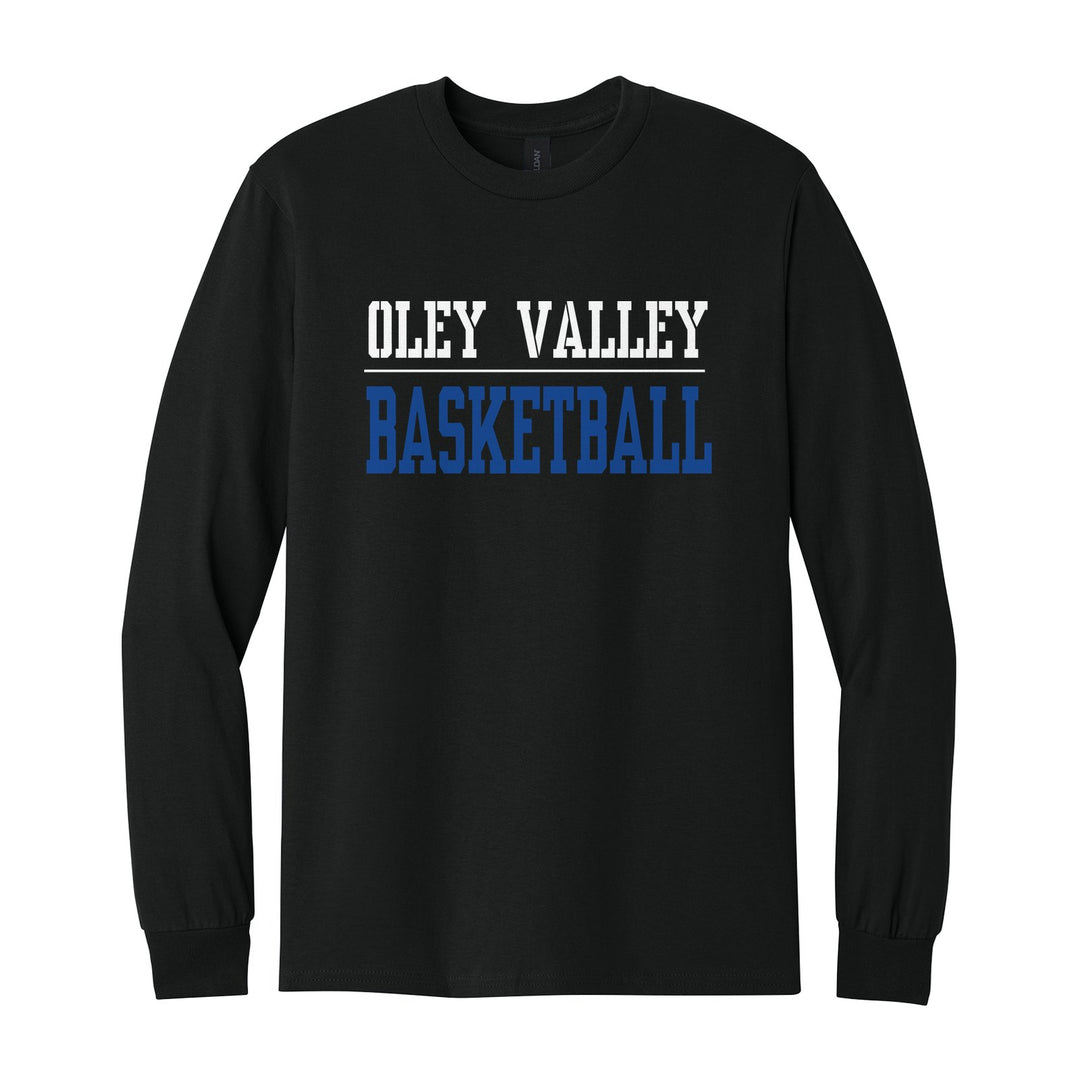 Oley Valley Lynx Sport or Activity long sleeve t-shirt in Black: OLEY VALLEY over a thin rule and BASKETBALL (your sport or activity) in block letters