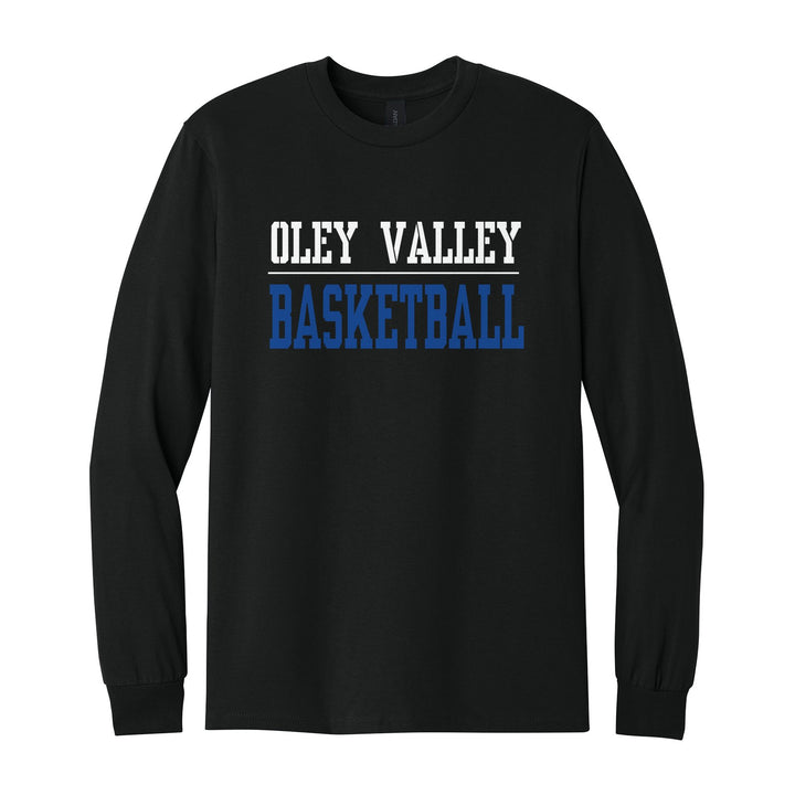 Oley Valley Lynx Sport or Activity long sleeve t-shirt in Black: OLEY VALLEY over a thin rule and BASKETBALL (your sport or activity) in block letters