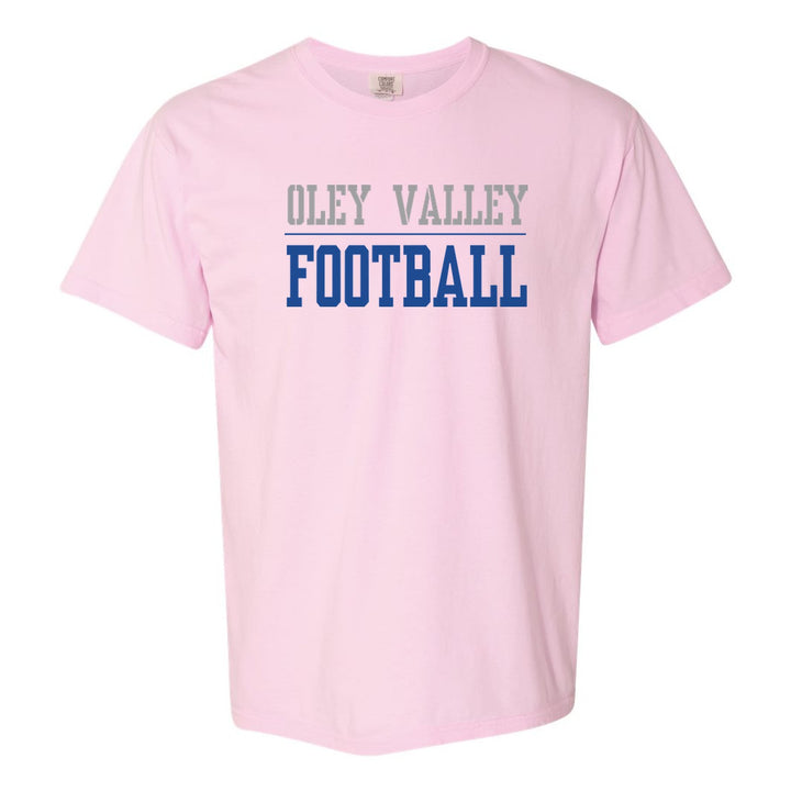 Oley Valley Lynx Sport or Activity comfort colors t-shirt in Blossom: OLEY VALLEY over a thin rule and FOOTBALL (your sport or activity) in block letters