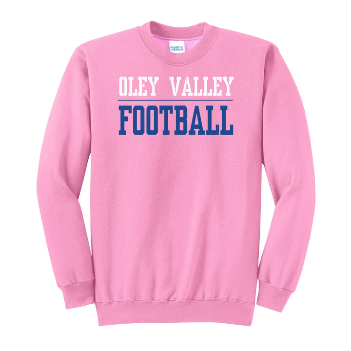 Oley Valley Lynx Football crewneck sweatshirt in Candy Pink: OLEY VALLEY over a thin rule and FOOTBALL in block letters