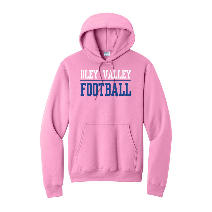 Oley Valley Lynx Football hoodie in Candy Pink: OLEY VALLEY over a thin rule and FOOTBALL in block letters