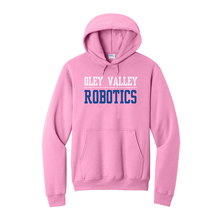 Oley Valley Lynx Sport or Activity hoodie in Candy Pink: OLEY VALLEY over a thin rule and ROBOTICS (your sport or activity) in block letters
