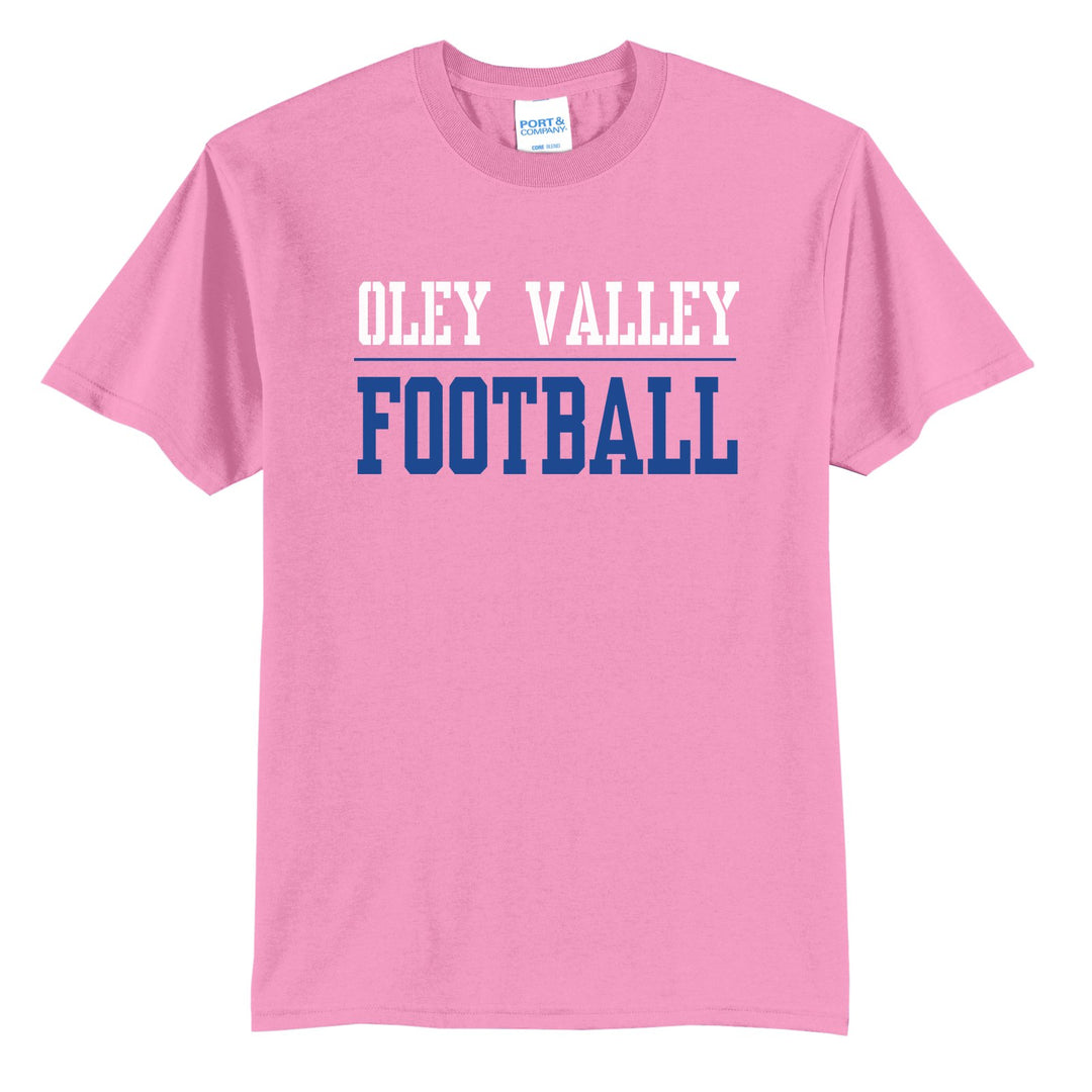 Oley Valley Lynx Football t-shirt in Candy Pink: OLEY VALLEY over a thin rule and FOOTBALL in block letters