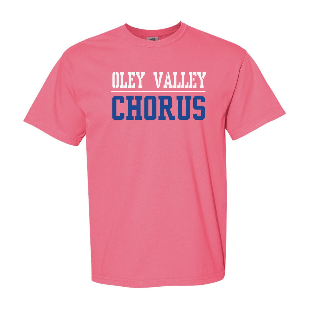 Oley Valley Lynx Sport or Activity comfort colors t-shirt in Crunchberry: OLEY VALLEY over a thin rule and CHORUS (your sport or activity) in block letters